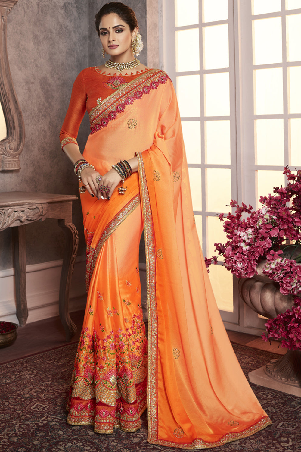 Art Silk Embroidered Saree In Light Orange