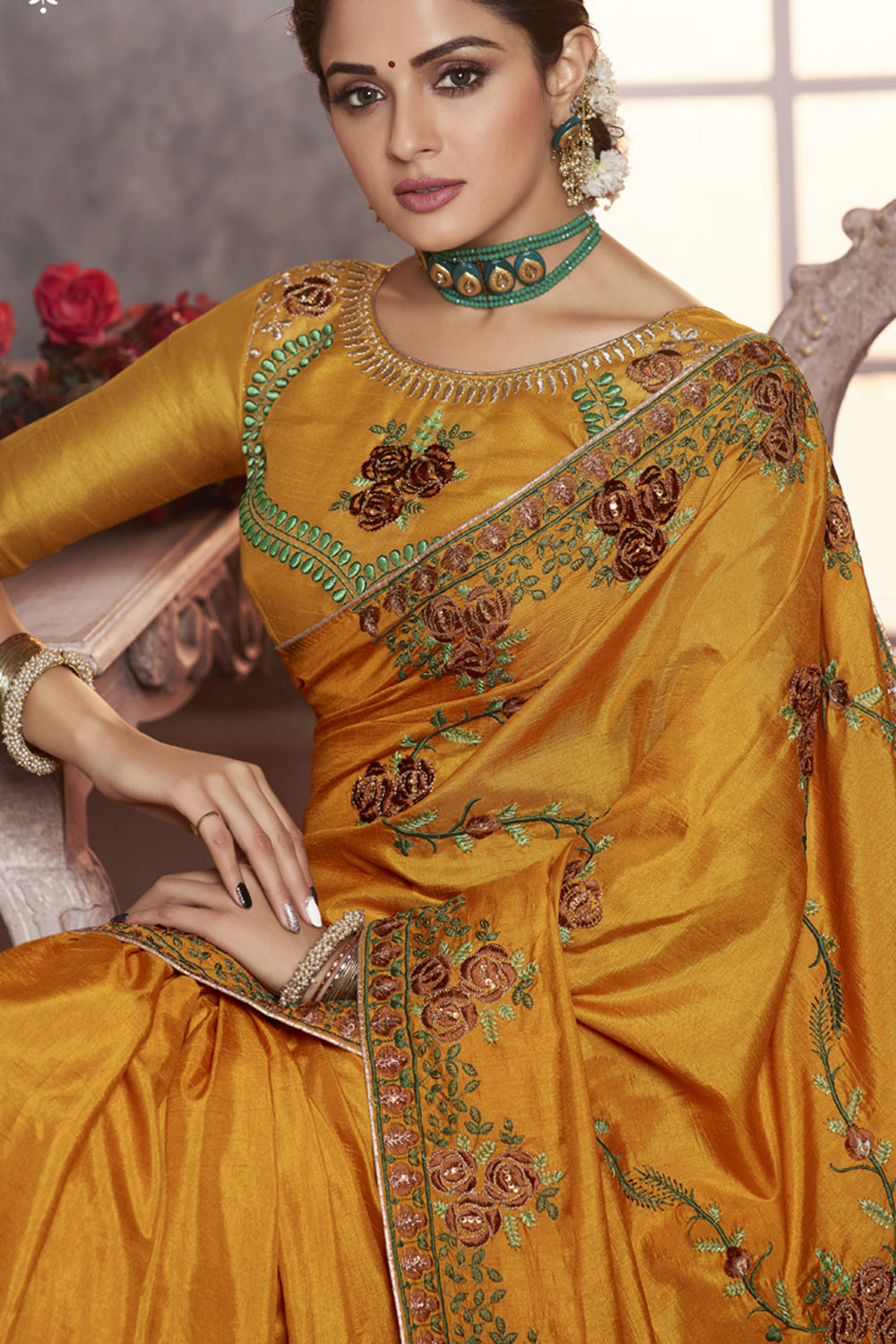 Art Silk Embroidered Saree In Yellow