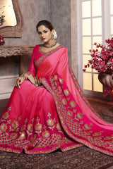 Art Silk Embroidered Saree In Rani Pink