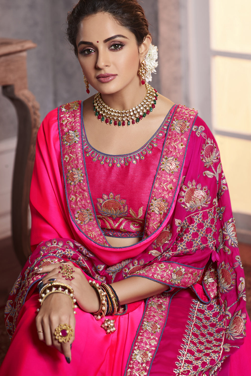 Art Silk Embroidered Saree In Rani Pink