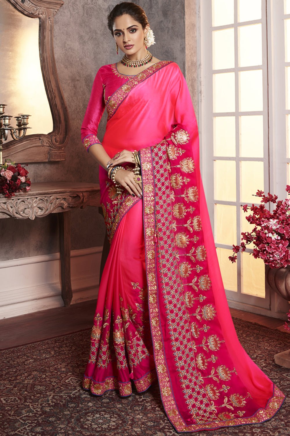 Art Silk Embroidered Saree In Rani Pink