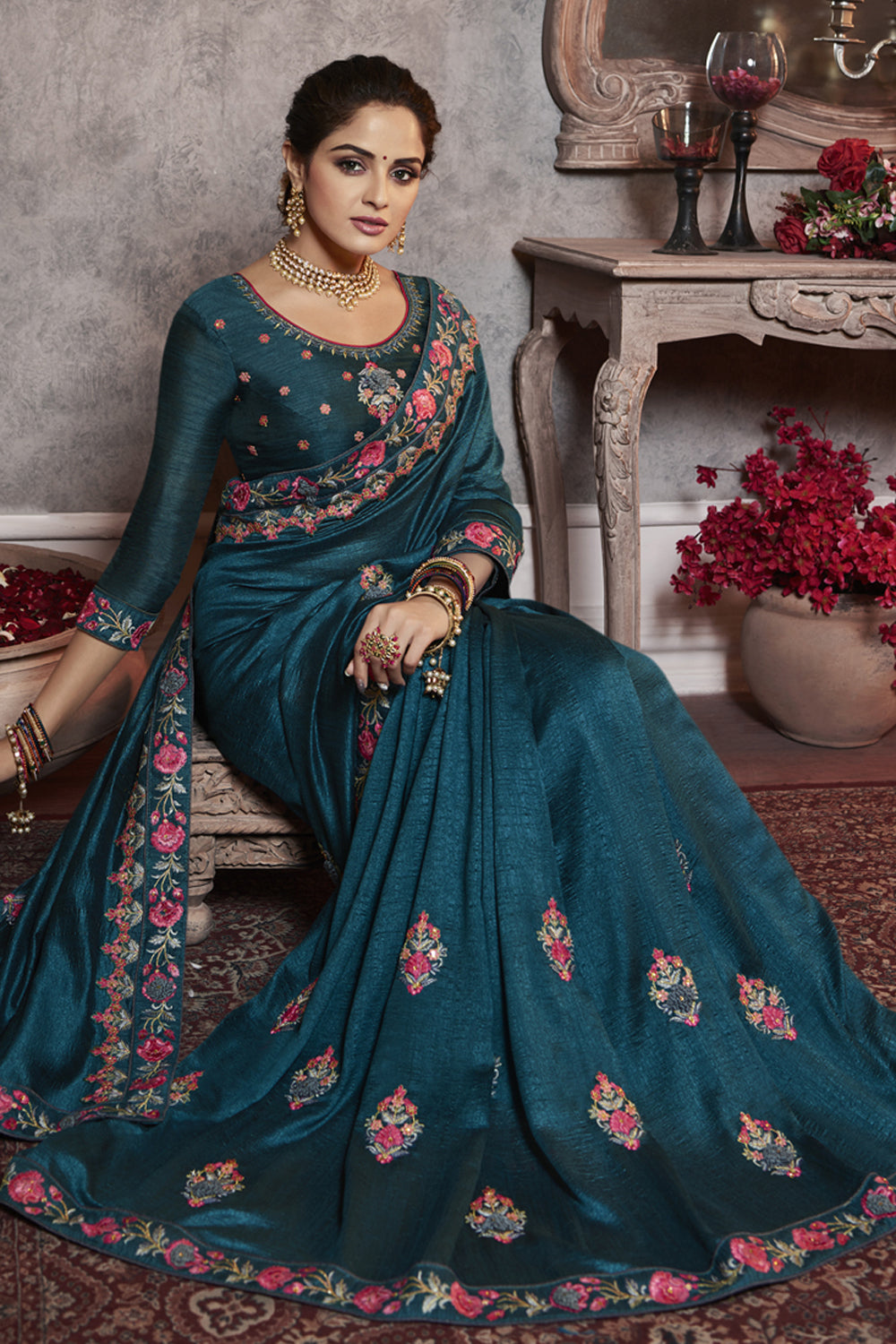 Art Silk Embroidered Saree In Dark Teal