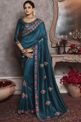 Art Silk Embroidered Saree In Dark Teal