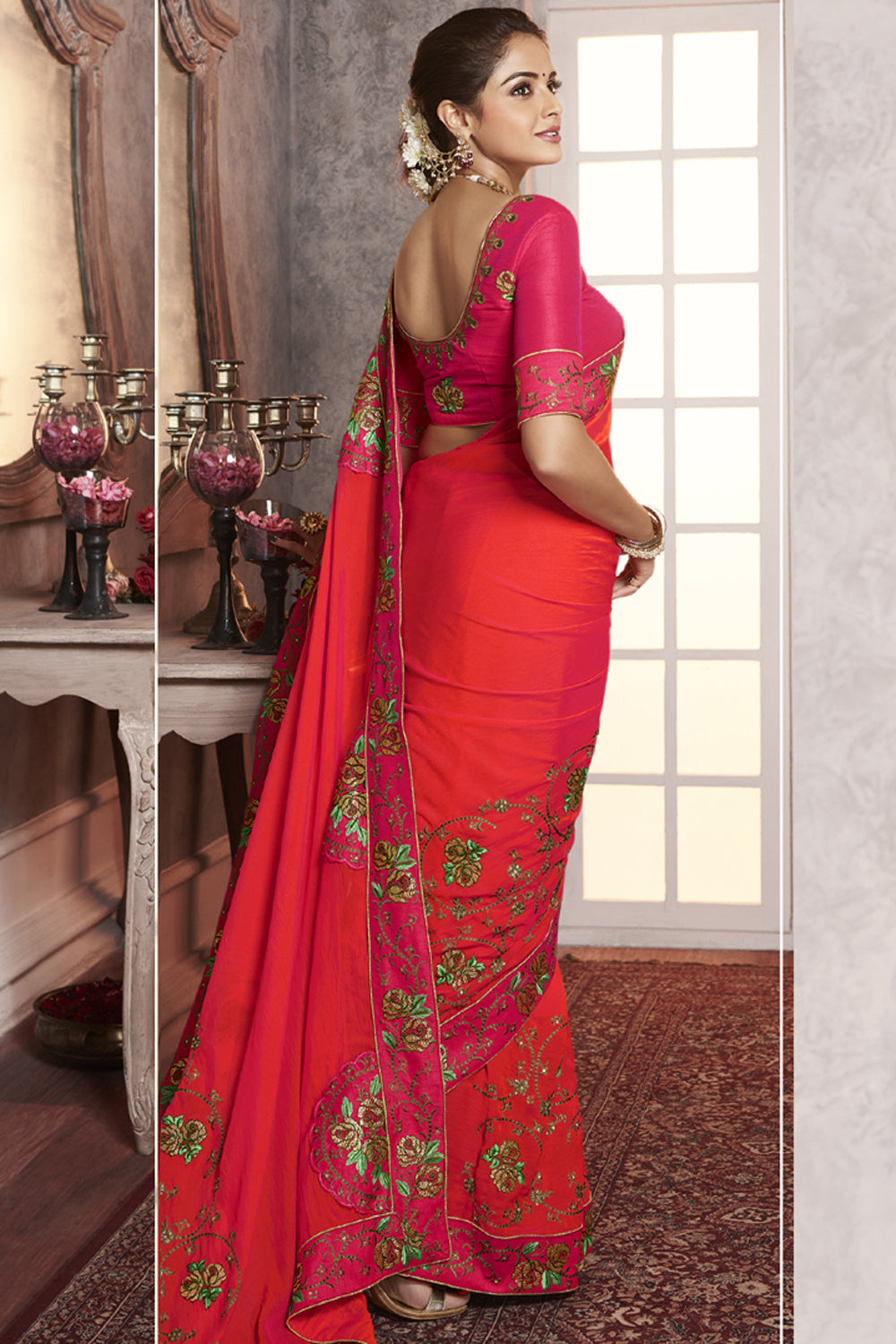 Art Silk Embroidered Saree In Light Red