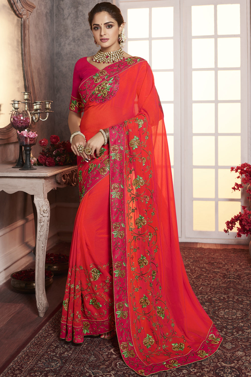 Art Silk Embroidered Saree In Light Red