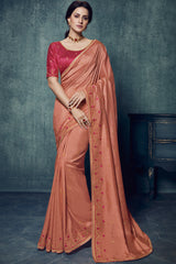 Art Silk Embroidered Saree In Dark Peach