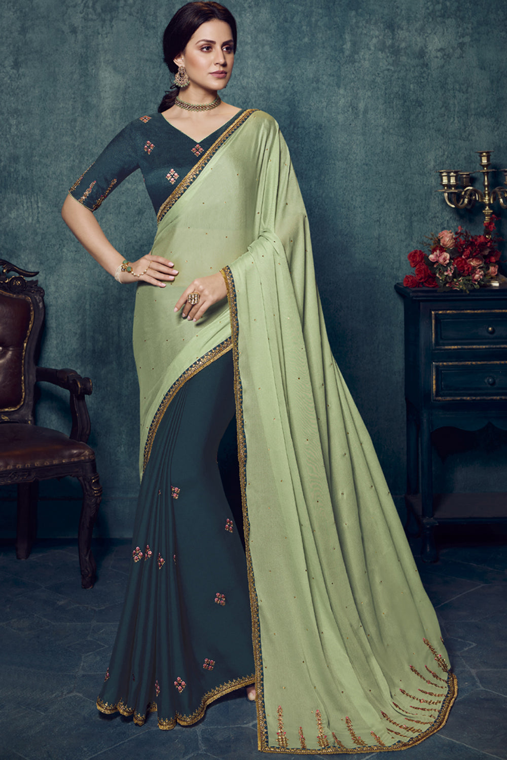 Art Silk Embroidered Saree In Lime