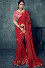 Art Silk Embroidered Saree In Dark Red