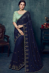 Art Silk Embroidered Saree In Navy Blue