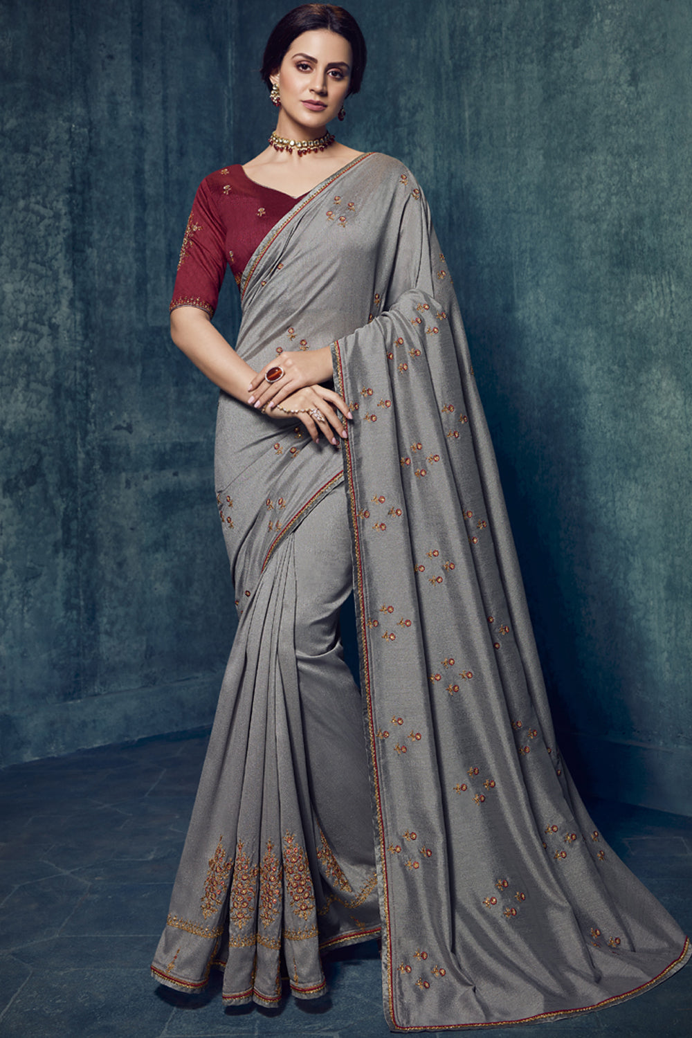 Art Silk Embroidered Saree In Grey