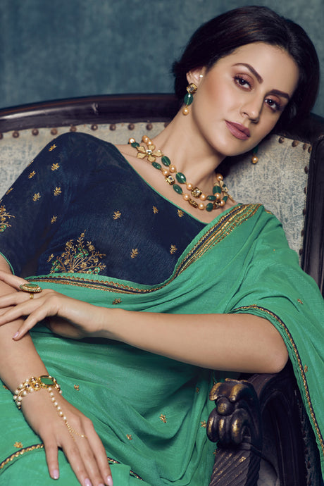 Art Silk Embroidered Saree In Turquoise