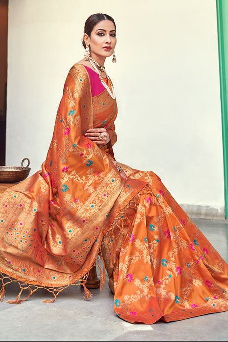 Art Silk Woven Saree In Orange