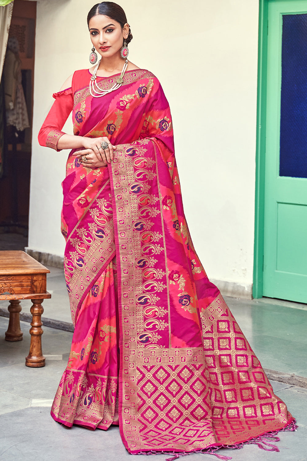 Art Silk Woven Saree In Rani Pink