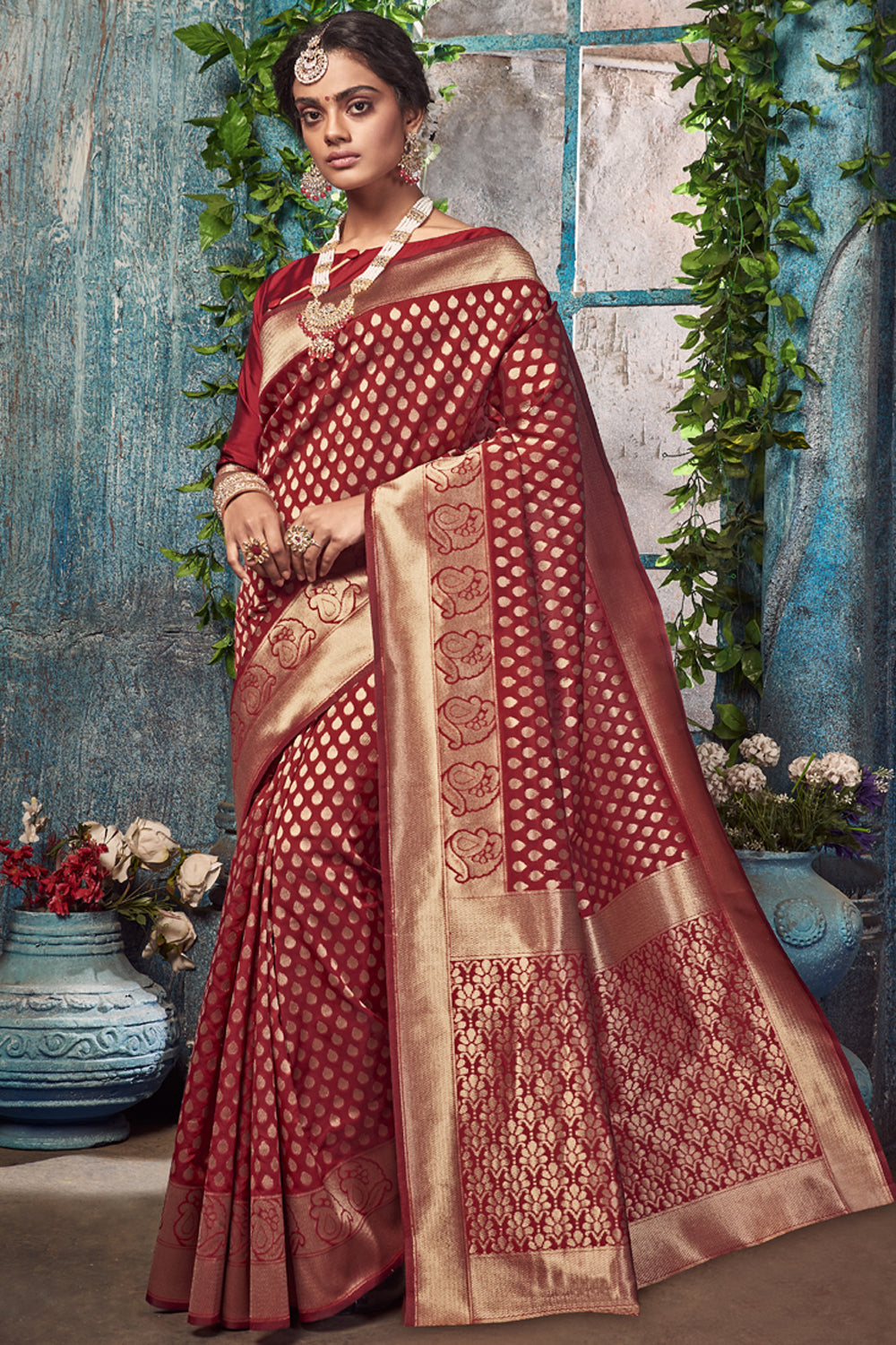 Art Silk Woven Saree In Dark Maroon