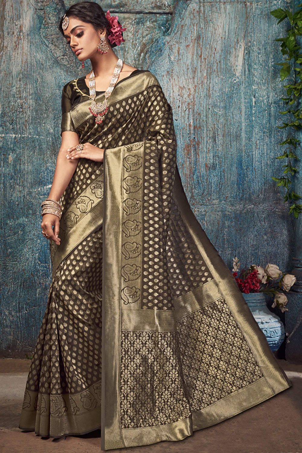 Art Silk Woven Saree In Dark Brown