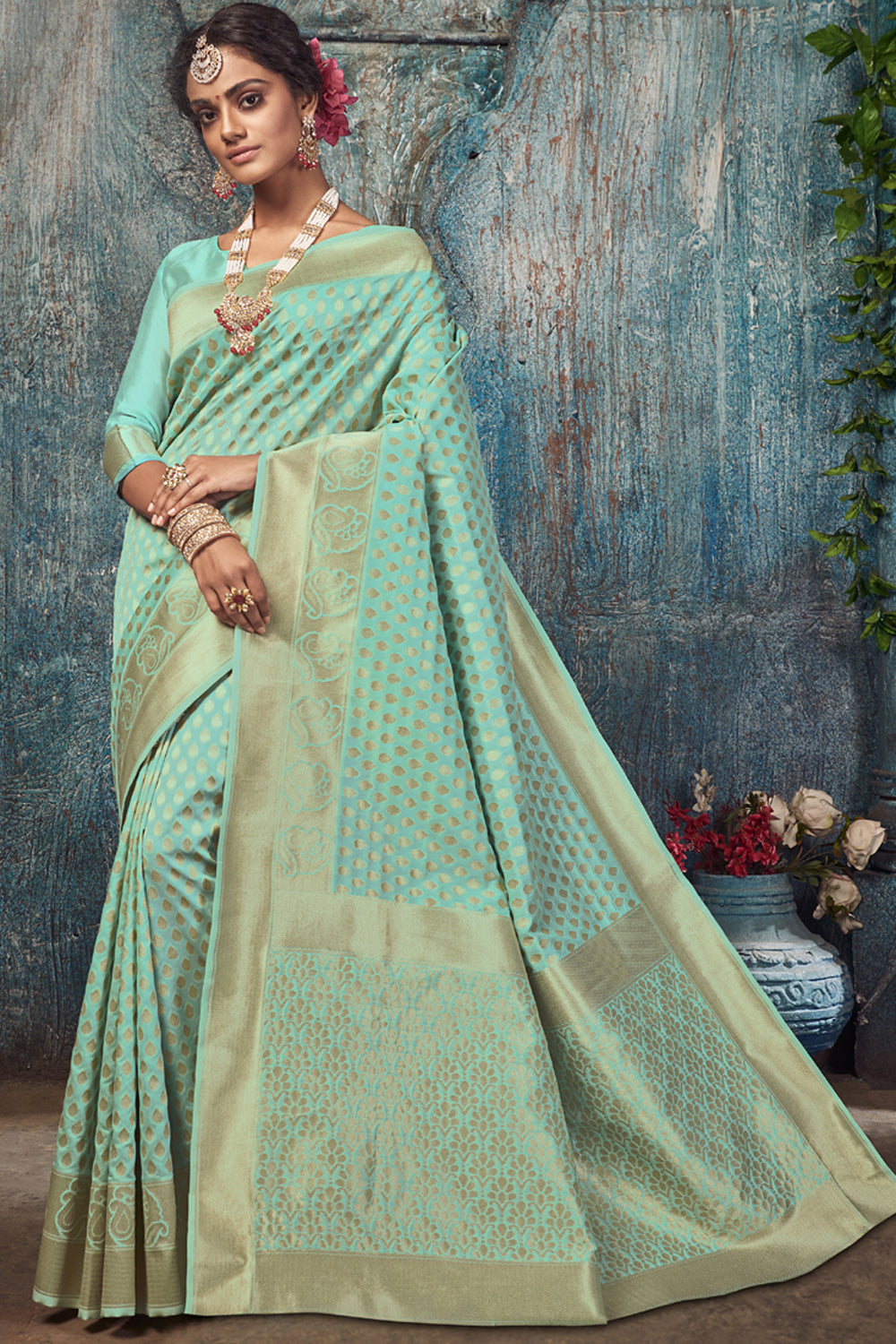 Art Silk Woven Saree In Dark Turquoise