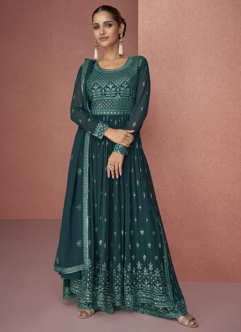 Buy Teal Georgette Embroidered Anarkali Suit Set Online - KARMAPLACE