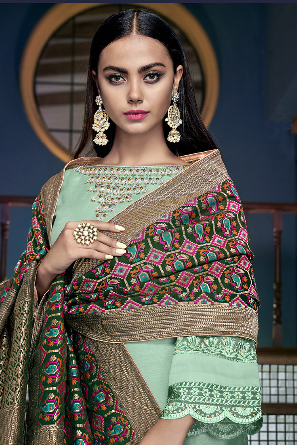 Tussar Embroidered Sharara Dress Material In Turquoise