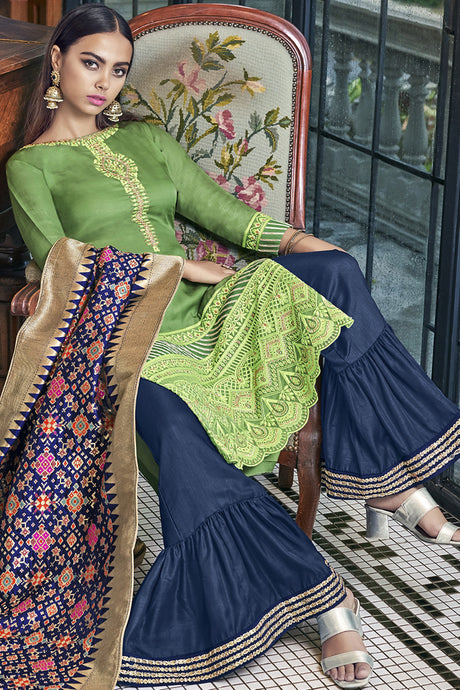 Tussar Embroidered Sharara Dress Material in Sea Green