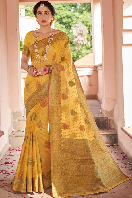 Buy Cotton Silk Thread Zari Woven Saree in Yellow Online