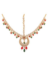 Gold Plated Traditional Kundan And Pearl Multi-Color Matha Patti And Maang Tikka