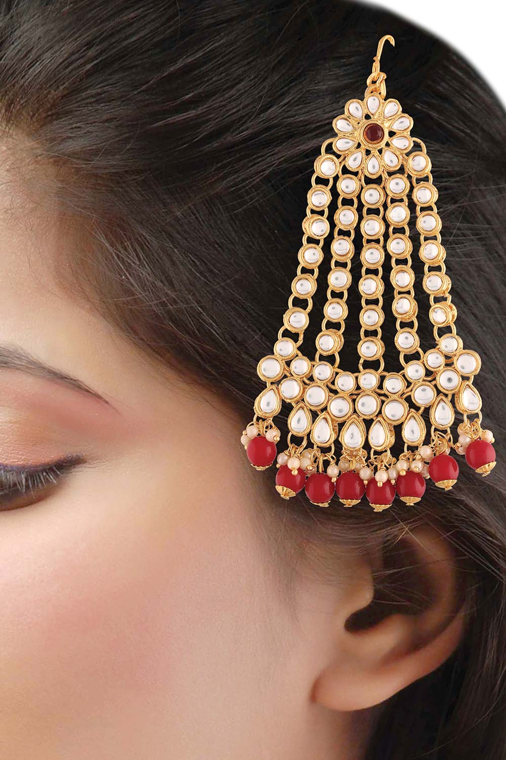 Gold Plated Mughal Beautiful Long Pearl Kundan Jhumar Passa And Jhoomar Maang Tikka