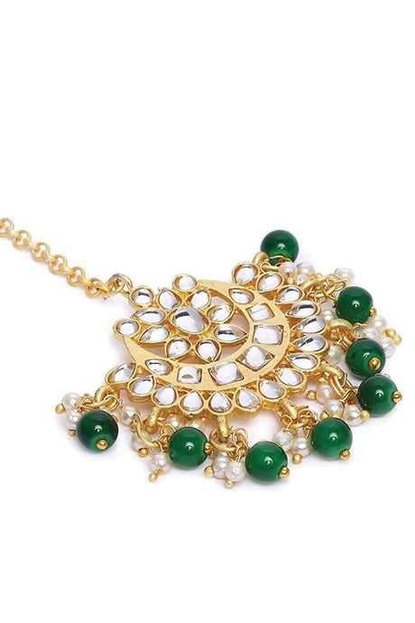 Gold Plated Ethnic Matte Finish Traditional Kundan Studded Maang Tikka with Pearls