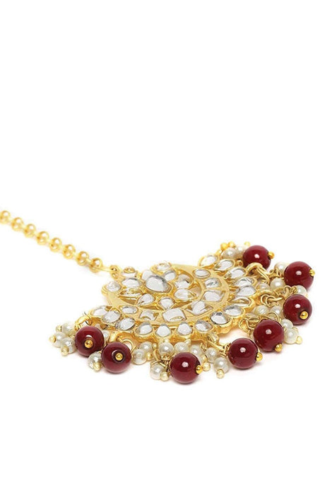 Gold Plated Ethnic Matte Finish Traditional Kundan Studded Maang Tikka with Pearls