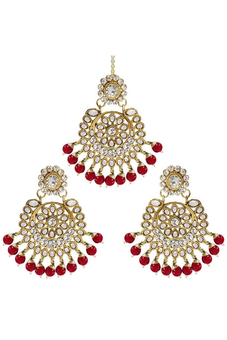 Buy Women's Alloy Maang Tikka With Earring in Red - Front