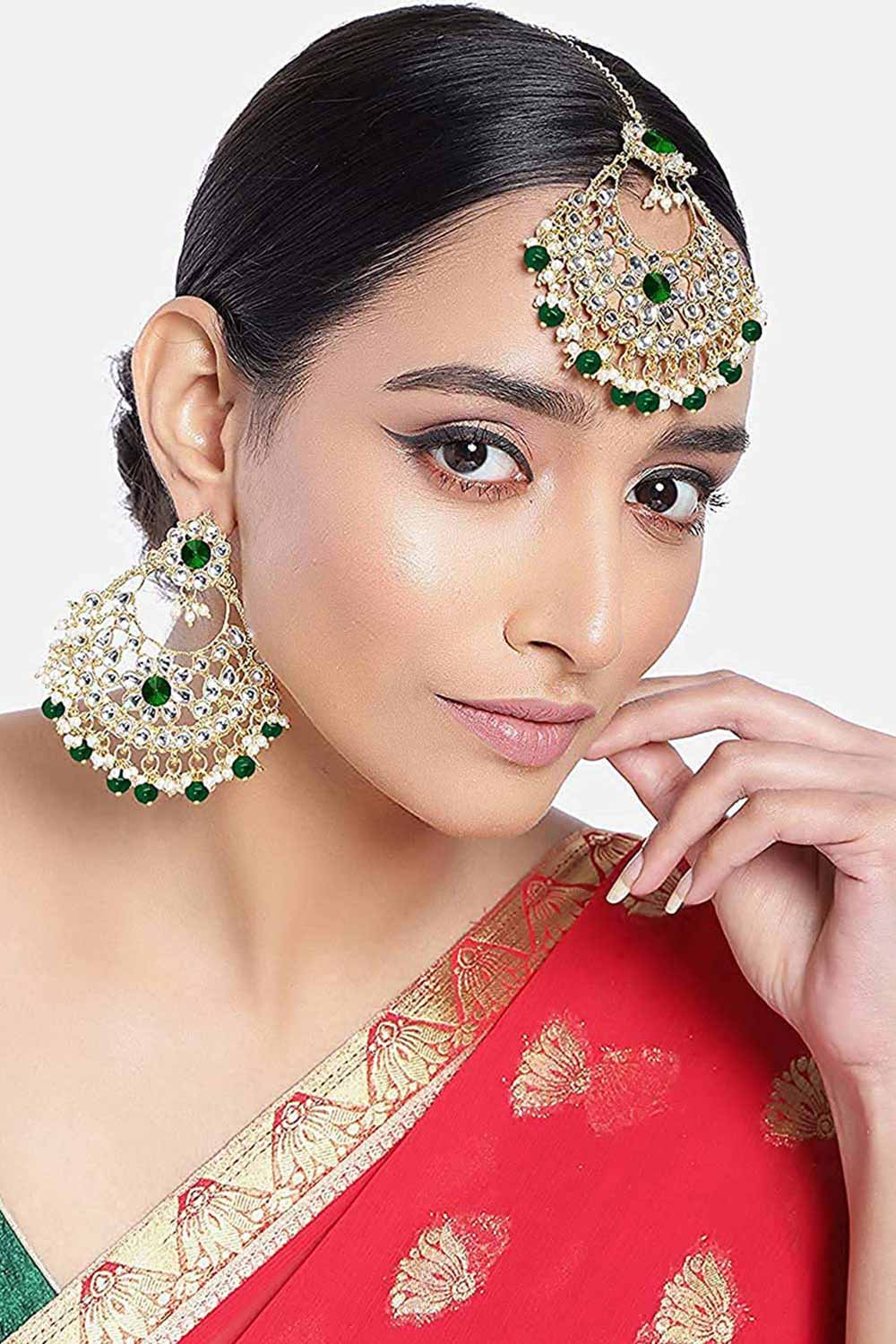 Buy Women's Alloy Maang Tikka With Earring in Green