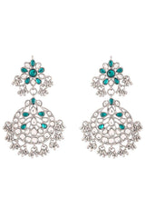 Green Rhodium Plated Handcrafted Faux Kundan And Pearl Earring Maang Tikka Set