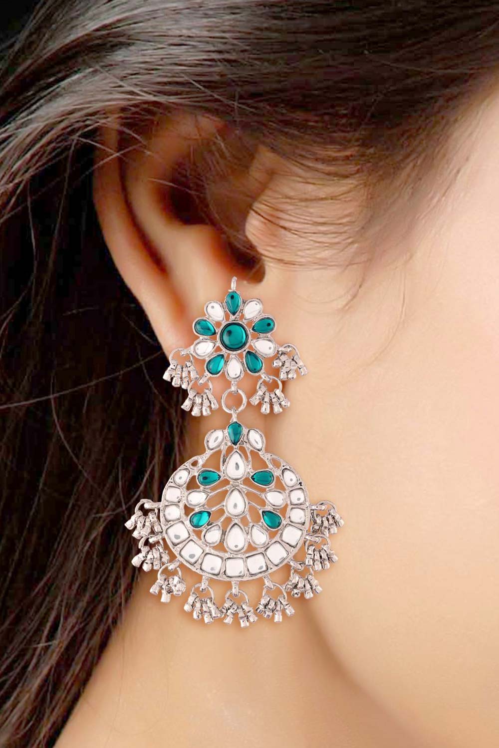 Green Rhodium Plated Handcrafted Faux Kundan And Pearl Earring Maang Tikka Set