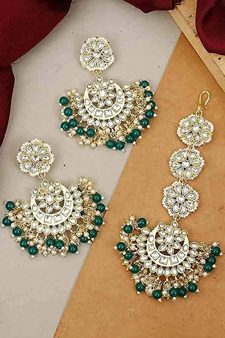 Buy Women's Alloy Maang Tikka With Earring in Green - Front