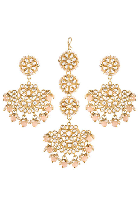 Buy Women's Alloy Maang Tikka With Earring in Peach - Front