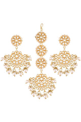 White Gold Plated Kundan And Faux Pearl Chandbali Earring Maang Tikka Set