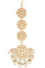 White Gold Plated Kundan And Faux Pearl Chandbali Earring Maang Tikka Set