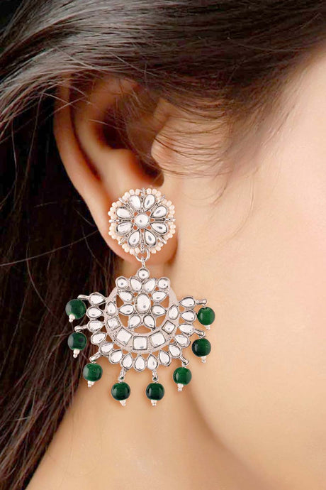 Green Rhodium Plated Kundan And Faux Pearl Chandbali Earring Maang Tikka Set