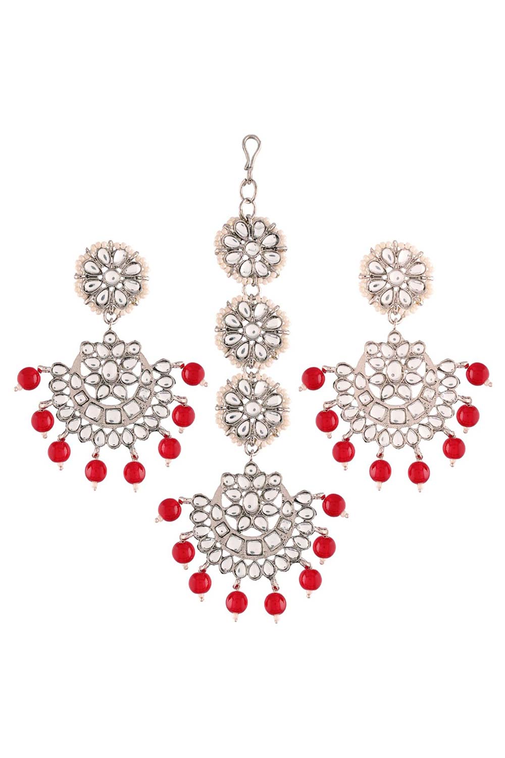 Maroon Rhodium Plated Kundan And Faux Pearl Chandbali Earring Maang Tikka Set