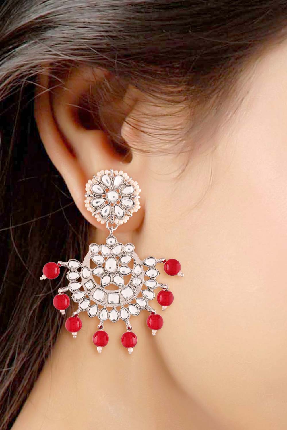 Maroon Rhodium Plated Kundan And Faux Pearl Chandbali Earring Maang Tikka Set