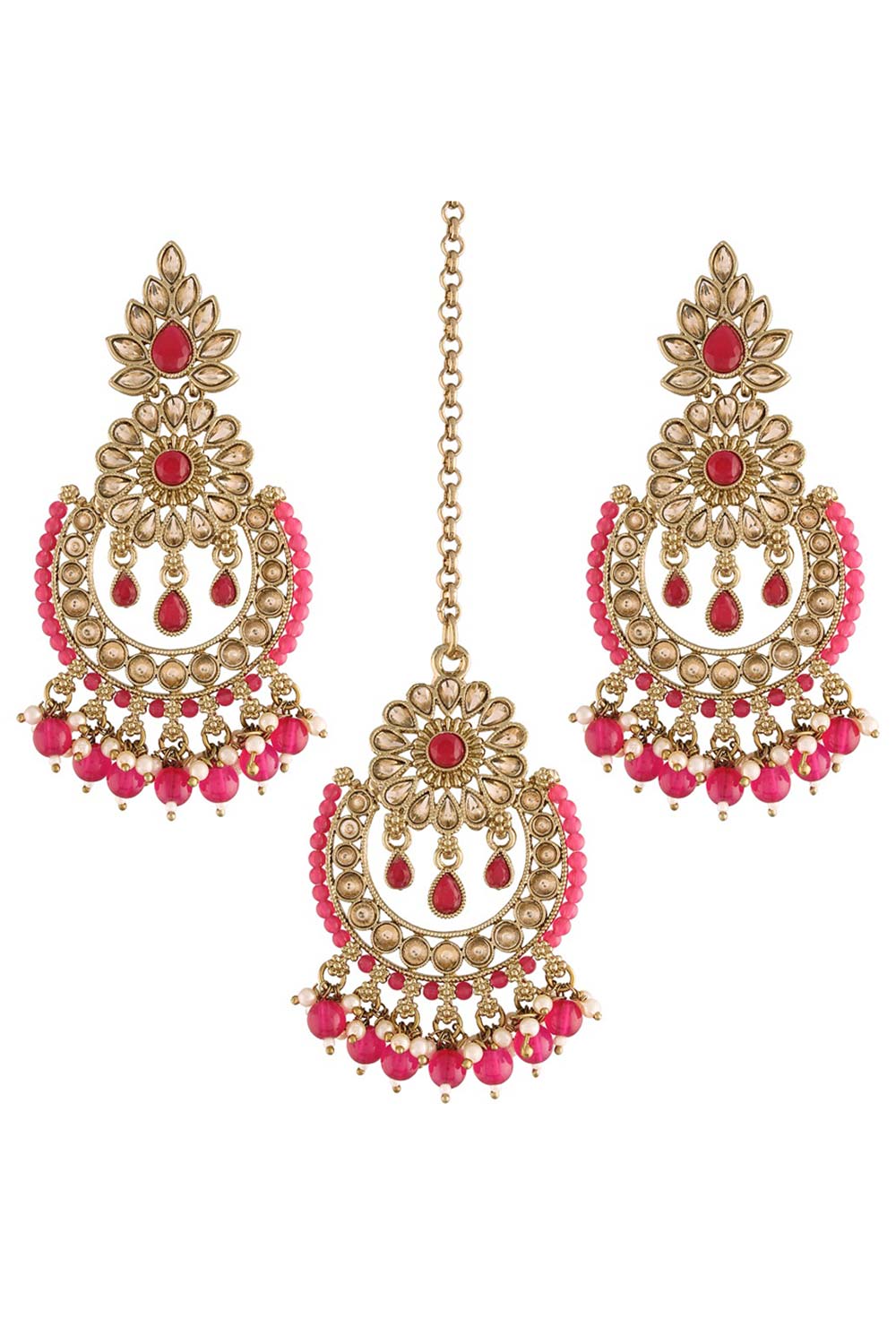 Buy Women's Alloy Maang Tikka With Earring in Pink - Front