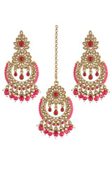 Buy Women's Alloy Maang Tikka With Earring in Pink - Front