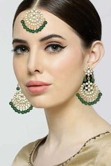 Green Green Gold Plated Pearl And Kundan Maang Tikka With Earrings Set