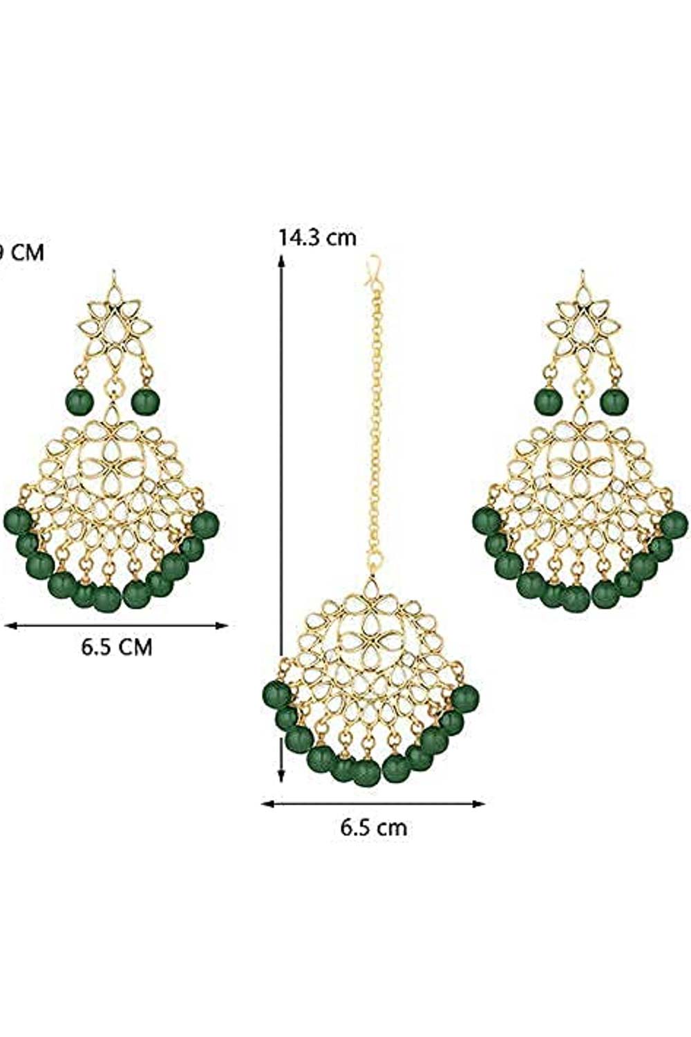 Green  Gold Plated Pearl And Kundan Maang Tikka With Earrings Set