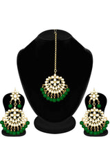 Green Green Gold Plated Pearl And Kundan Maang Tikka With Earrings Set