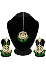 Green  Gold Plated Pearl And Kundan Maang Tikka With Earrings Set