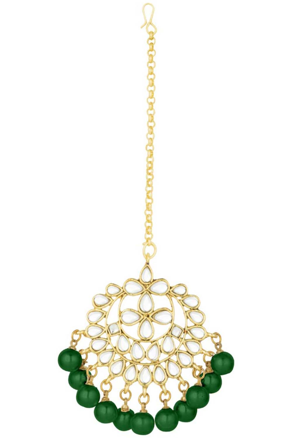 Green Green Gold Plated Pearl And Kundan Maang Tikka With Earrings Set