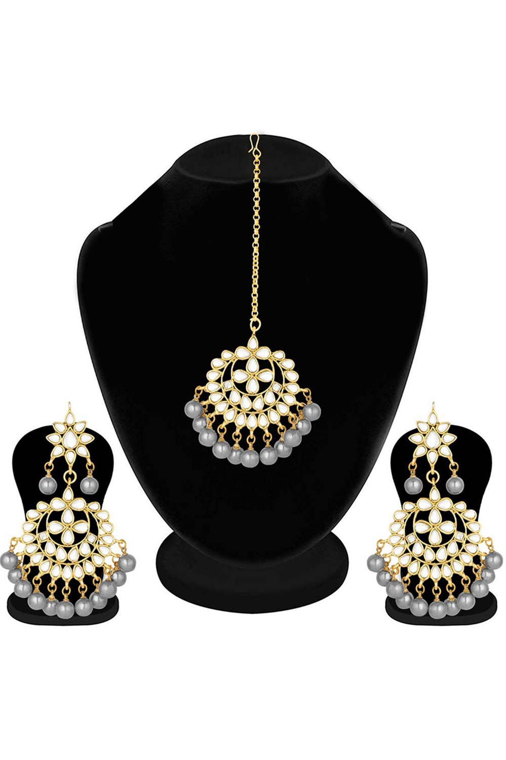 Grey Gold Plated Pearl And Kundan Maang Tikka With Earrings Set