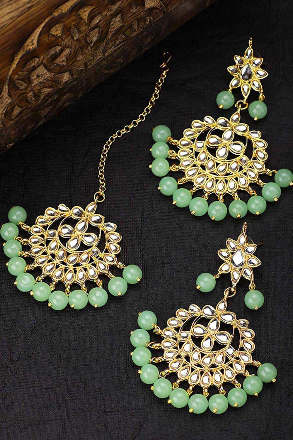 Green Gold Plated Kundan Pearl Earrings And Maang Tikka