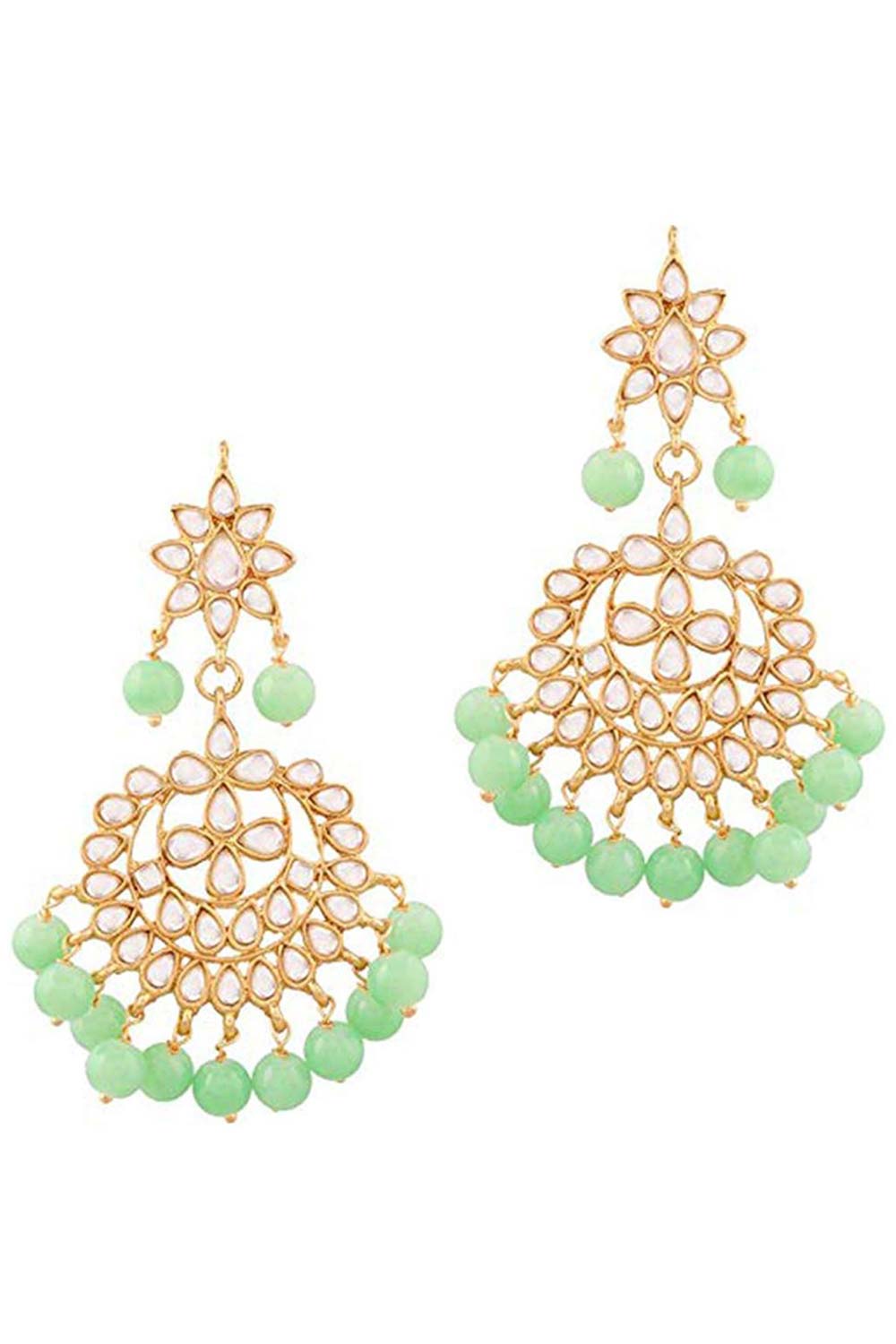 Green Gold Plated Kundan Pearl Earrings And Maang Tikka