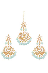 Turquoise Blue  Gold Plated Alloy Kundan Pearl Earrings And Maang Tikka